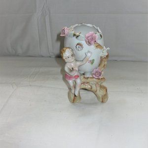 Vintage Porcelain Vase Cherub with Egg & Flowers on Log